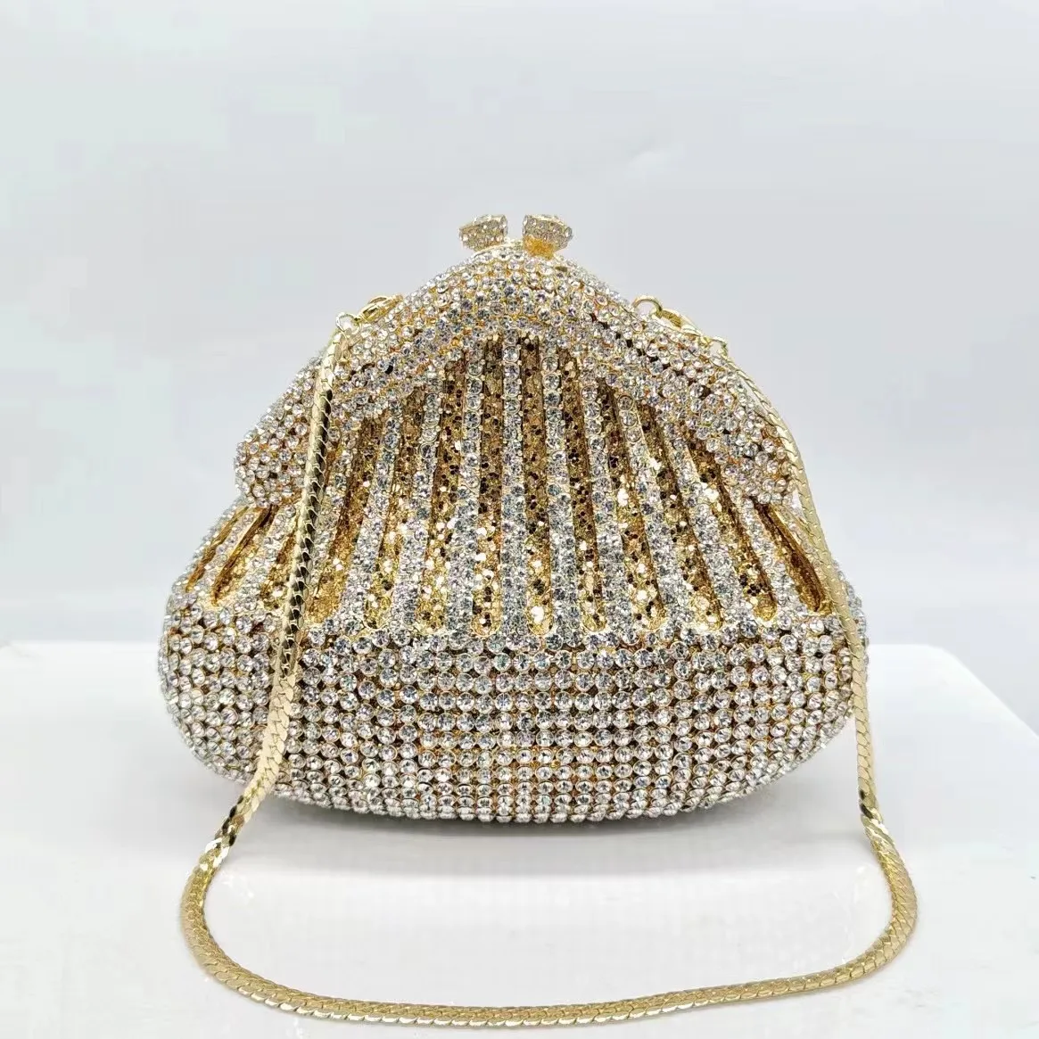 Bolso de noche de cristal para mujer, Cartera de mano de Metal dorado y blanco transparente con diamantes de imitación, para boda, fiesta, cena y