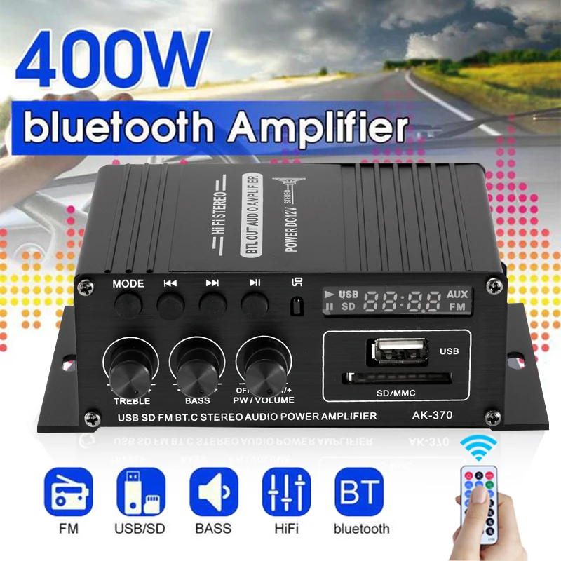 

AK380 AK370 AK170 400W*2 2 Channels Bluetooth HiFi Power Amplifier Home Car Audio Class D Remote Control FM Radio AUX USB/SD