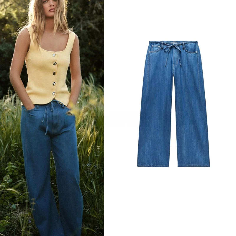 

Spring Women's Casual Metal Hook Waist Jeans Comfortable Simple Wide Leg Pants High Waist Long Trousers Zipper Sle