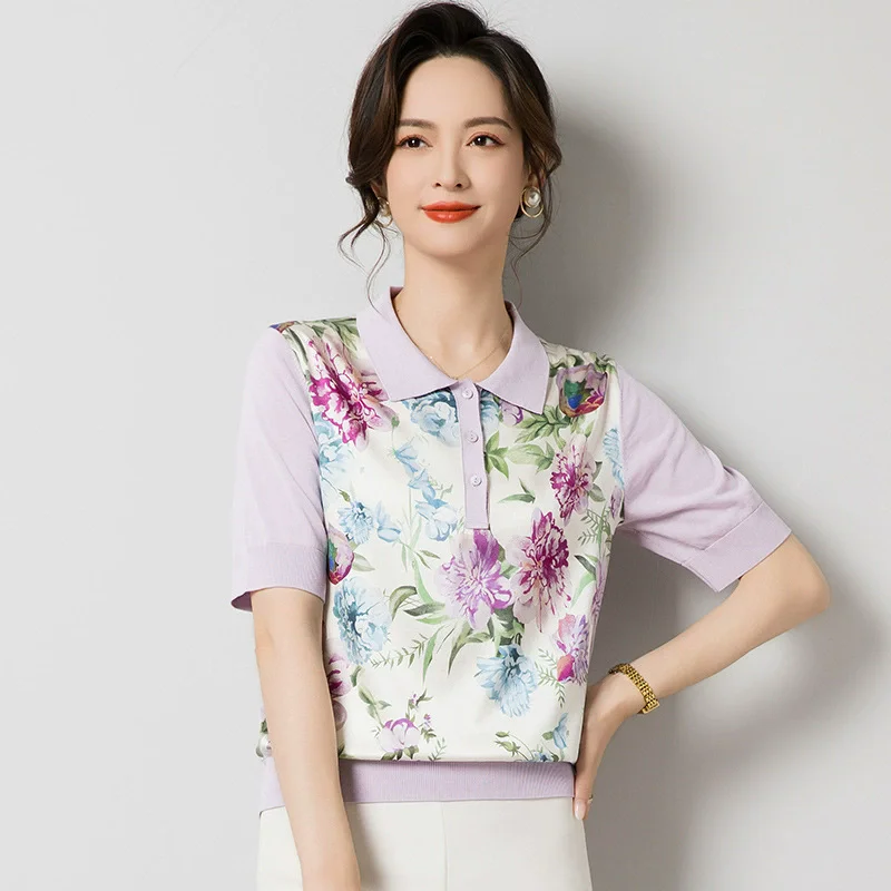 Birdsky, 1PC Women sweater outwear pullover top short sleeve 90% mulberry silk 10% spandex flower print, S-1039