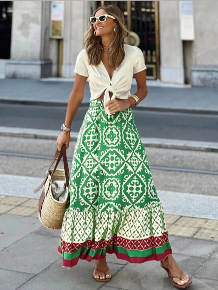 

Bohemian Printed Lotus Leaf Edge Skirt Women's Color Blocked Art Retro Style Skirt Spring Vacation Dress Robe