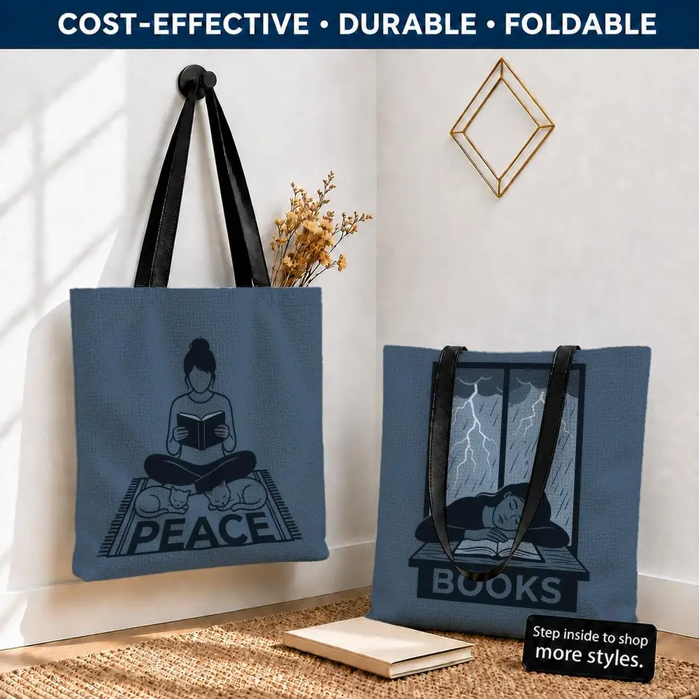 Rainy day reader aesthetic Storage Bags Polyester Canvas Tote Lightweight Foldable Reusable Shopping Bag Shoulder Straps