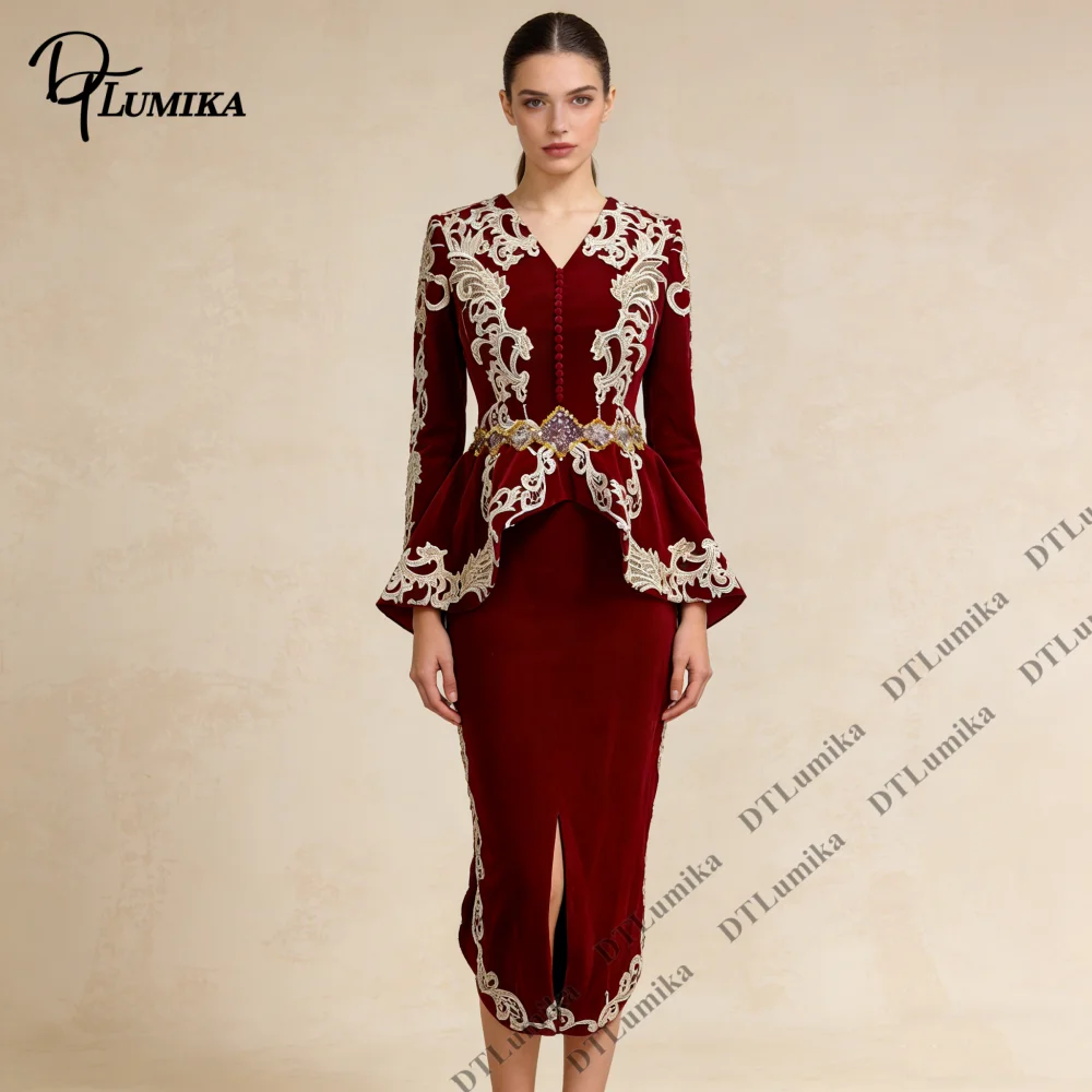 DTLumika Velvet Mid-Calf Formal Evening Dress Full Sleeves Elegant V Neck Customized Arabia Prom Dresses Wedding Party Gown