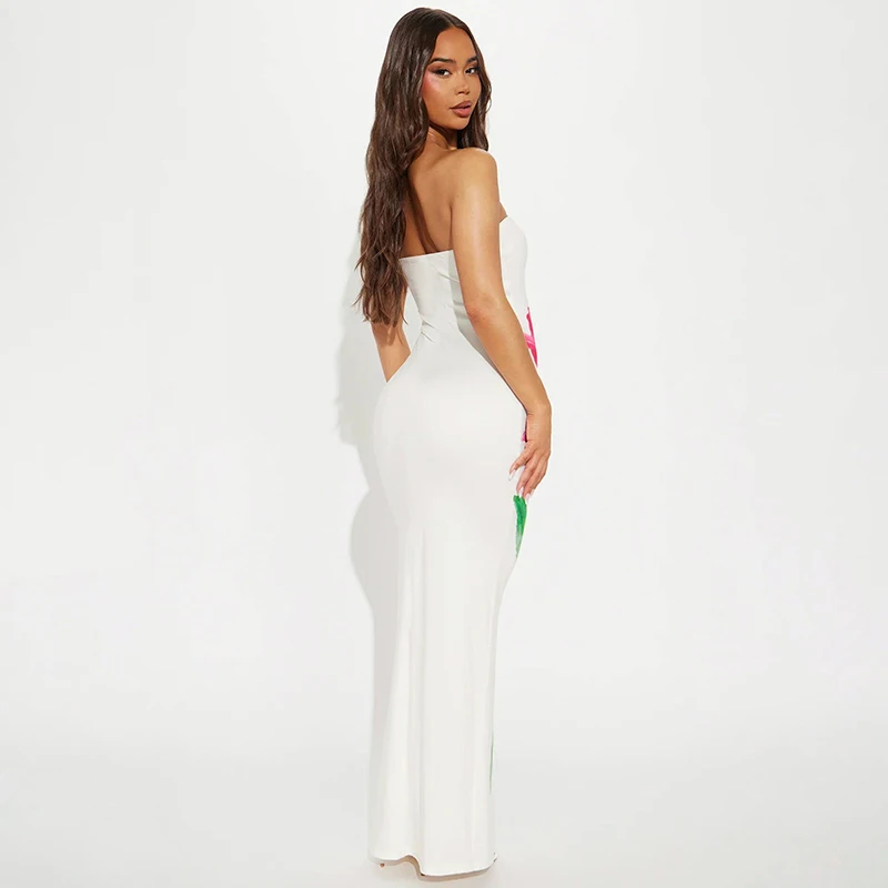CUTENOVA Strapless Floral Printed Strapless Hip Long Dresses Women'S Summer New Vacation Party Casual Fashion Elegant Dresses