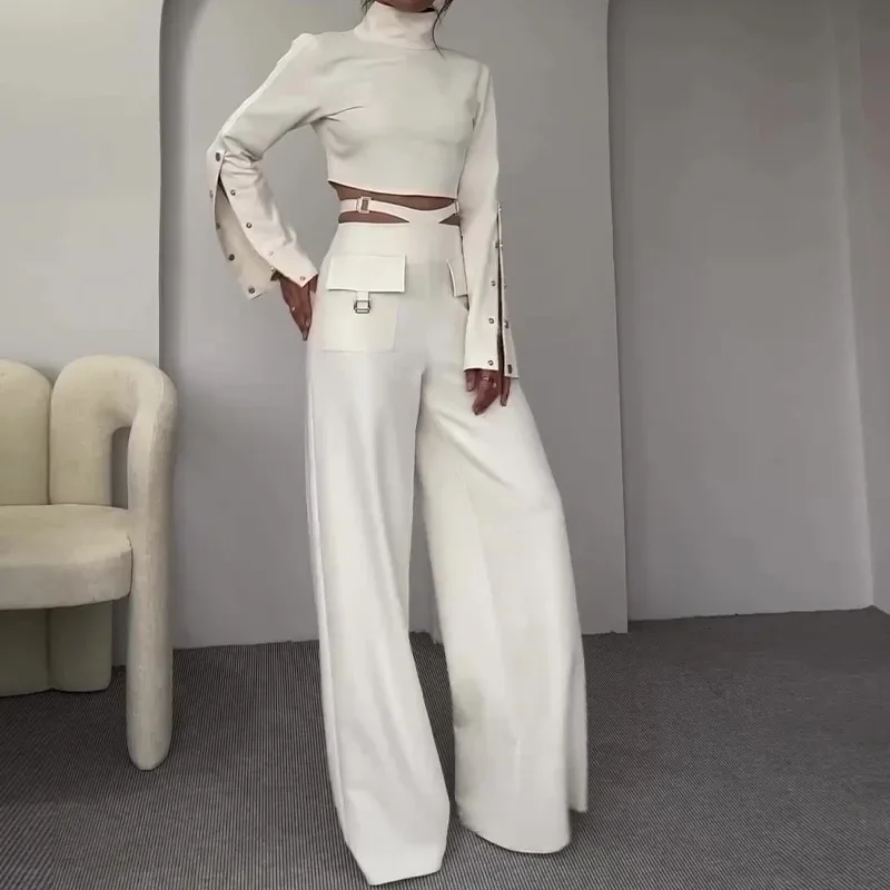 

Women Pant Set Work Two Piece Sets Turtleneck Full Sleeve Tops Sexy Wide Leg Long Pants Loose Casual Elegant Matching Sets