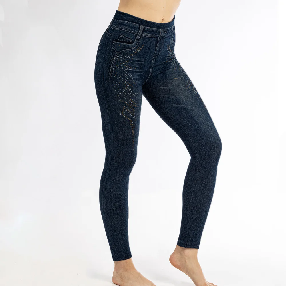 กางเกงเลกกิ้งทรงดินสอประดับเพชรหรูหรา สไตล์เกาหลี สำหรับผู้หญิง ฤดูใบไม้ผลิ รุ่นใหม่ เหมาะสำหรับใส่ทำงาน ผ้าเลียนแบบยีนส์ เอวสูง ยืดหยุ่น