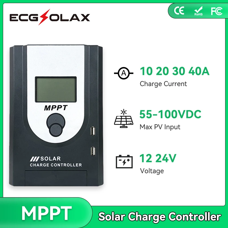 

ECGSOLAX 10A 20A 30A 40A MPPT Solar Charge Controller 12V 24V Auto Solar Panel Regulator 40A With LCD Display PV Max 100VDC