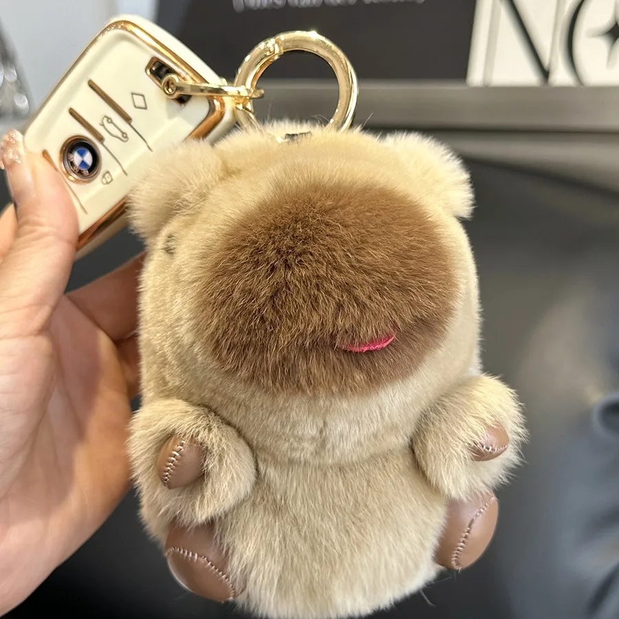 Cute and adorable real otter rabbit fur capybara plush doll car keychain animal plush pendant gift fur toy view 4