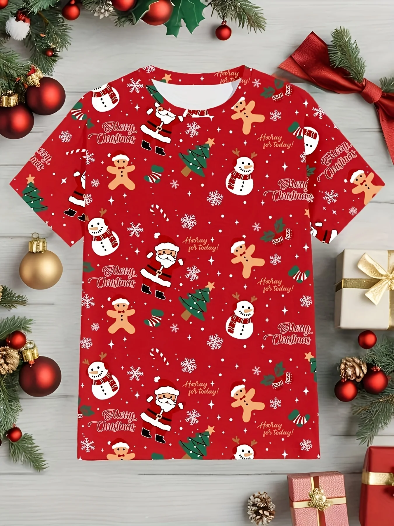 Kids Clothes Cartoon Santa Claus Christmas Tree Graphic T-Shirt Boy Girl Christmas Top for 2-14Y Short Sleeve Tee for Xmas Gift