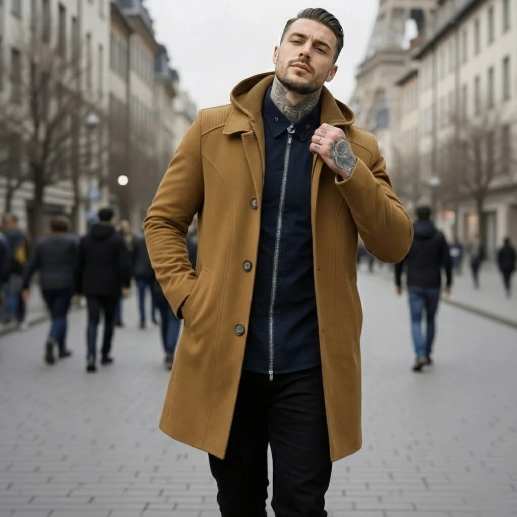 Men's Winter Warm Trench Coat Style Jacket Zipper Button Closure