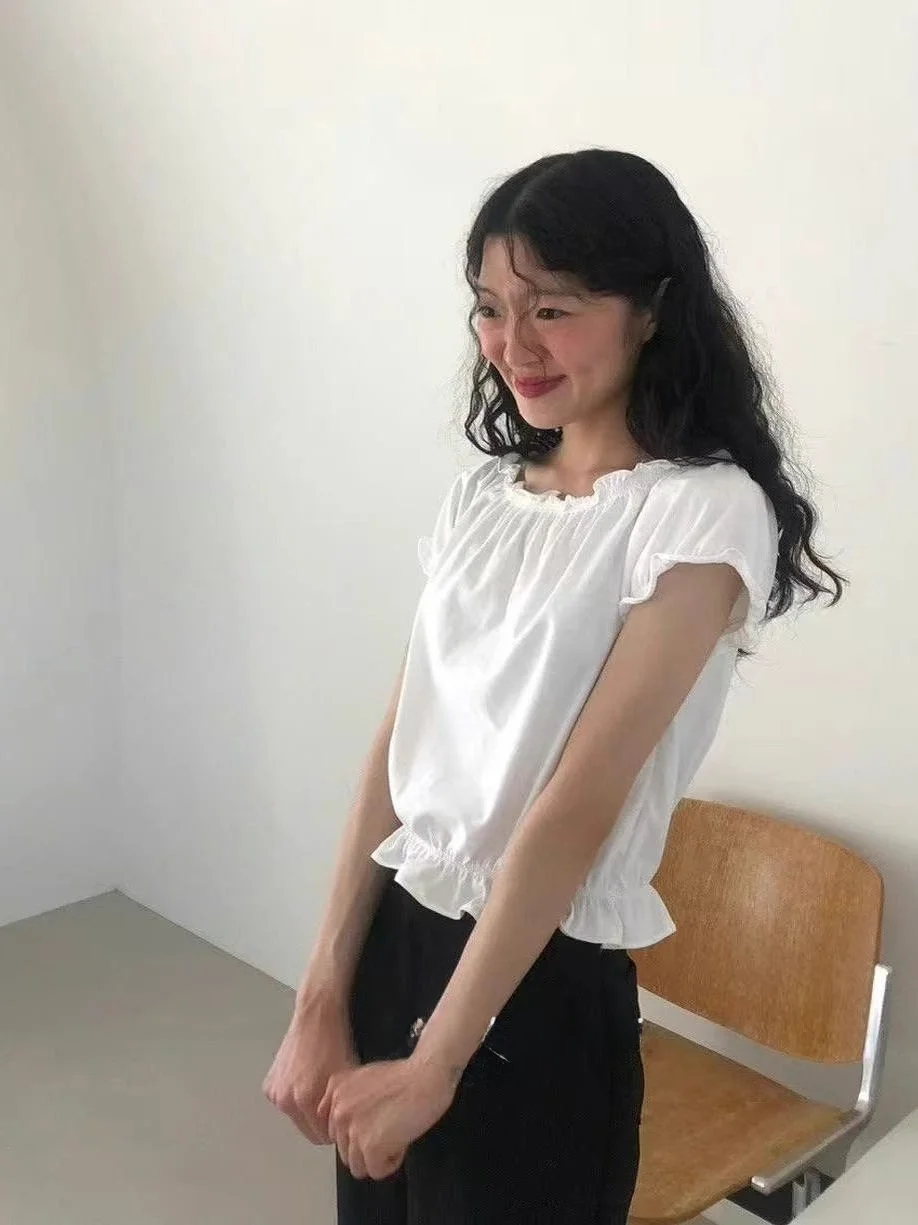 Chic Beautiful Wooden  Bell Sve irt Women Summer Unique ort Top T-irt Sweet Sle High Waist round Ne ort Sl...