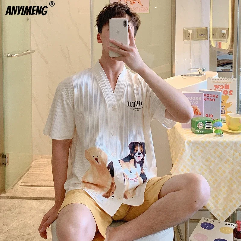 L-3XL Men's Cotton Pajamas Set Summer Short Sleeve Shorts Kimono Kawaii Bear Print Nightwear Fashion Cardigan Pajamas for Men