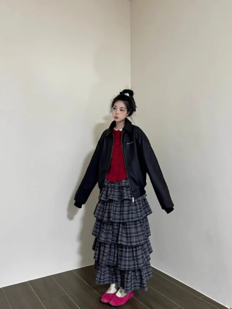 Korobov Plaid Pattern Vintage Design Skirts Heavy Layered Skirt Female Faldas Para Mujeres Korean Fashion Casual Cake Long Skirt