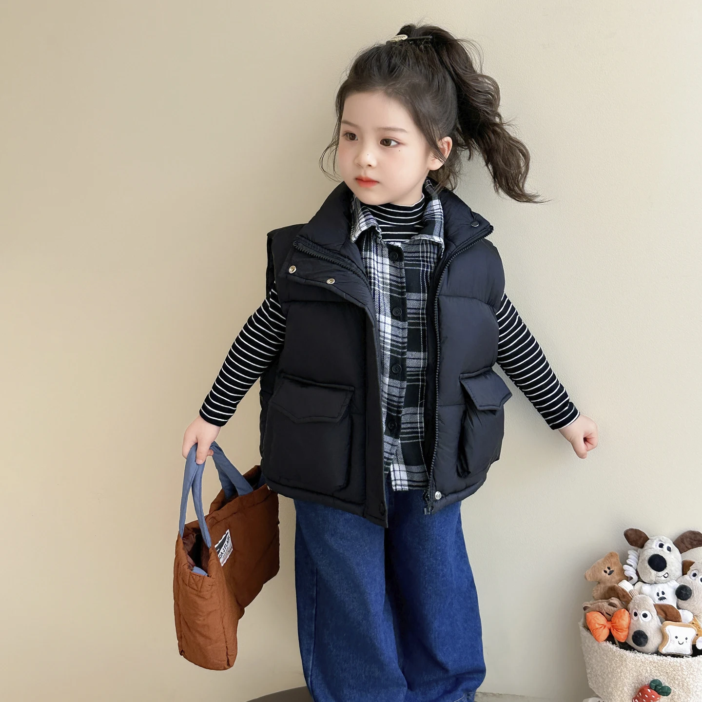 

Autumn Winter Children Girls Down Vest Waistcoats Baby 2-9Y Patchwork Thicken Outerwear Kids Fake 2Pieces Top Warm Clothing