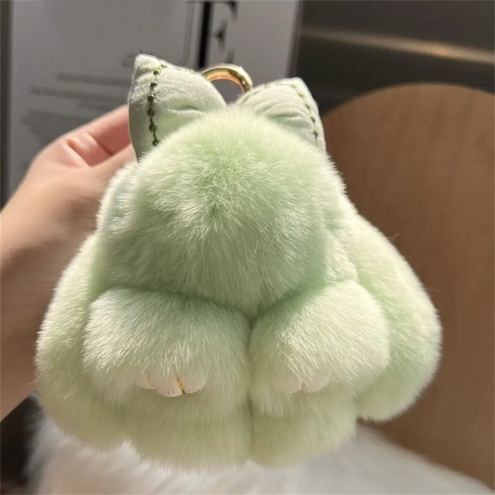 Chaveiro de pele de coelho de pelúcia fofo fofo com laço de cabelo anel de liga pingente de bolsa - chaveiro de coelho macio presente de joia
