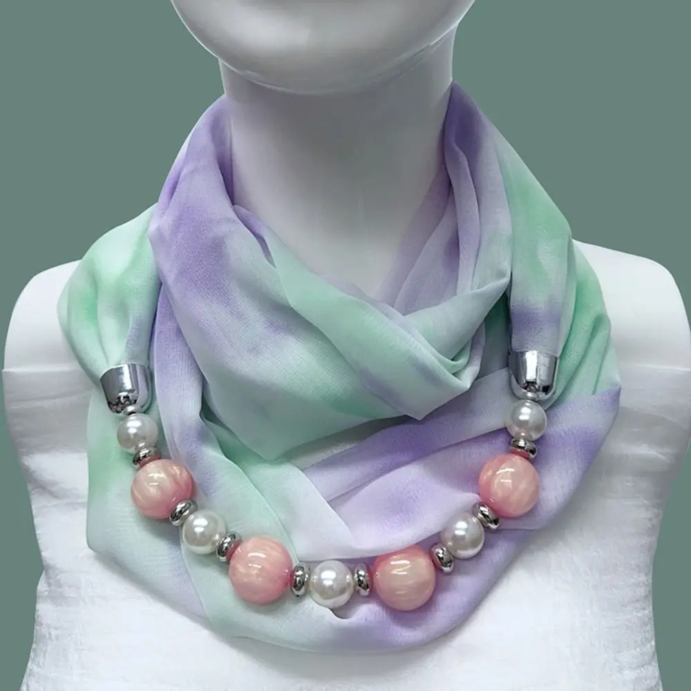 Chiffon Material Chiffon Scarf Classic Sun Protection Pearl Bead Chain Neck Scarf Windproof Beach Scarf Women's