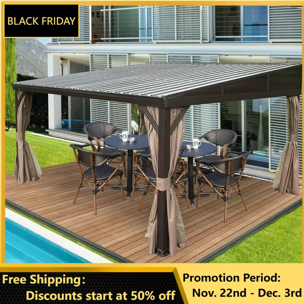 10x12FT Gazebo, with Sloping Galvanized Steel Roof, Netting Curtain, Hardtop Wall Mounted Gazebo with Aluminum Frame, Pergolas