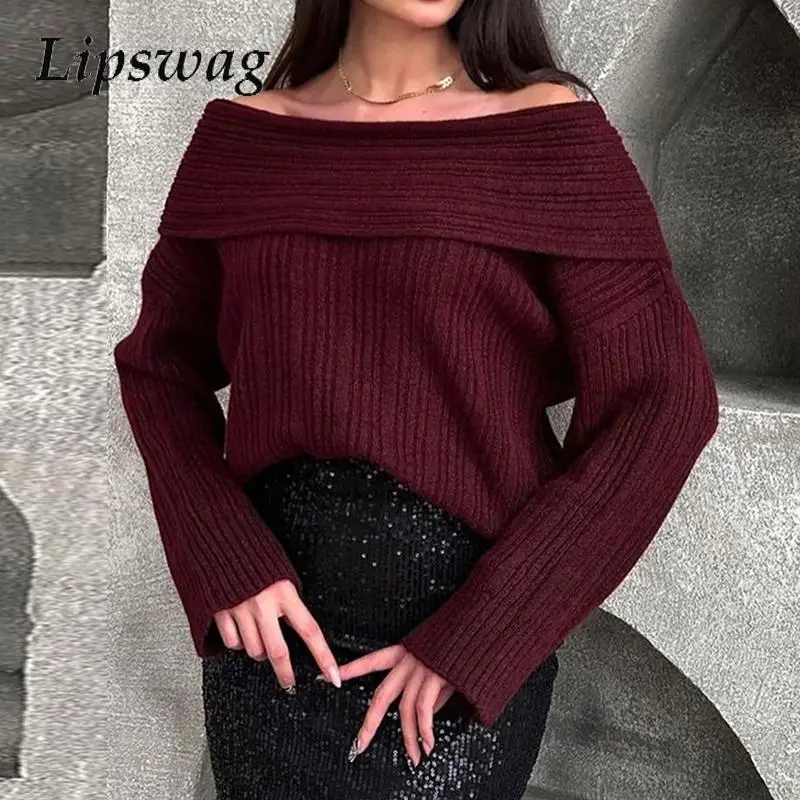 Elegant Autumn Solid Texture Furry Jumpers Temperament Slash Neck Knitted Sweater Women Causal Long Sleeve Loose Knitwear Tops