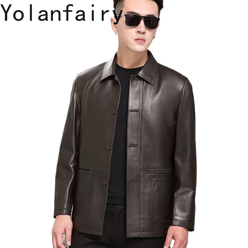 YOLANFAIRY Genuine Leather Jacket Man Autumn 2025 Mid-length Real Sheepskin Leather Coat Lapel Casual Thin Leather Coats Jackets