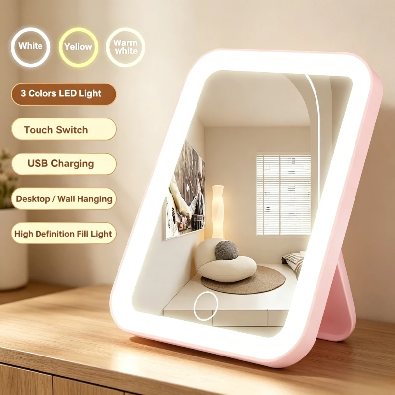 3 Colors LED Vanity Mirror Touch Control USB Rechargeable Dimmable Makeup Mirror Portable For Desktop Dressing Cosmetic Use