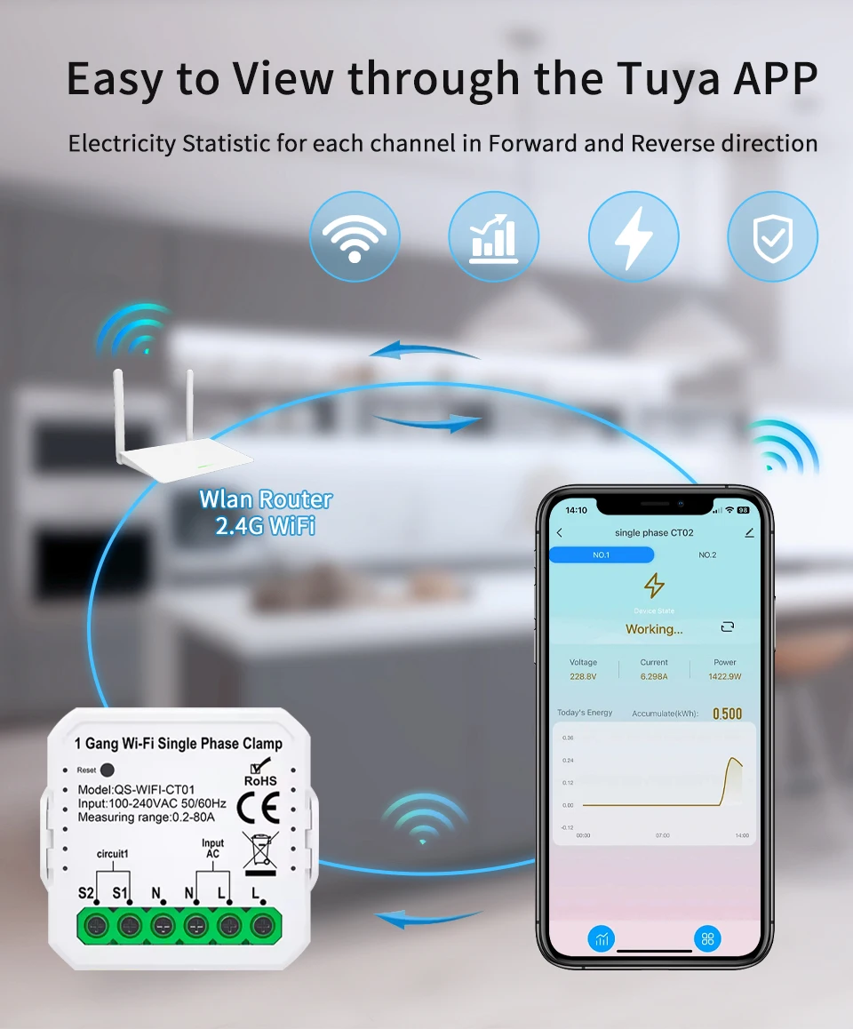 DEWIN Medidor De Energía WiFi Bidireccional 80A | Monitor Consumo Con App Tuya/Smart Life | Para Riel DIN
