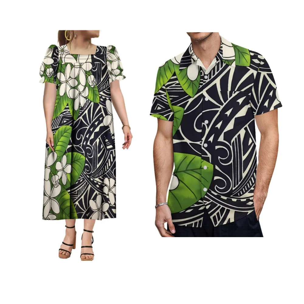 Tax Included Summer Short-Sleeved Comfortable Puffed Sleeve Women'S Mumu Dress Polynesian Custom Couple Outfits Men'S Shirt