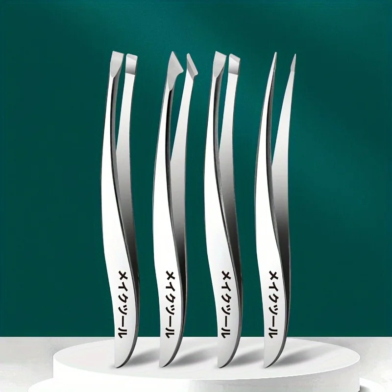 4Pcs Mirror light curve Tweezers plucking hair eyebrow clip plucking beard eyebrows false eyelashes makeup makeup tool set