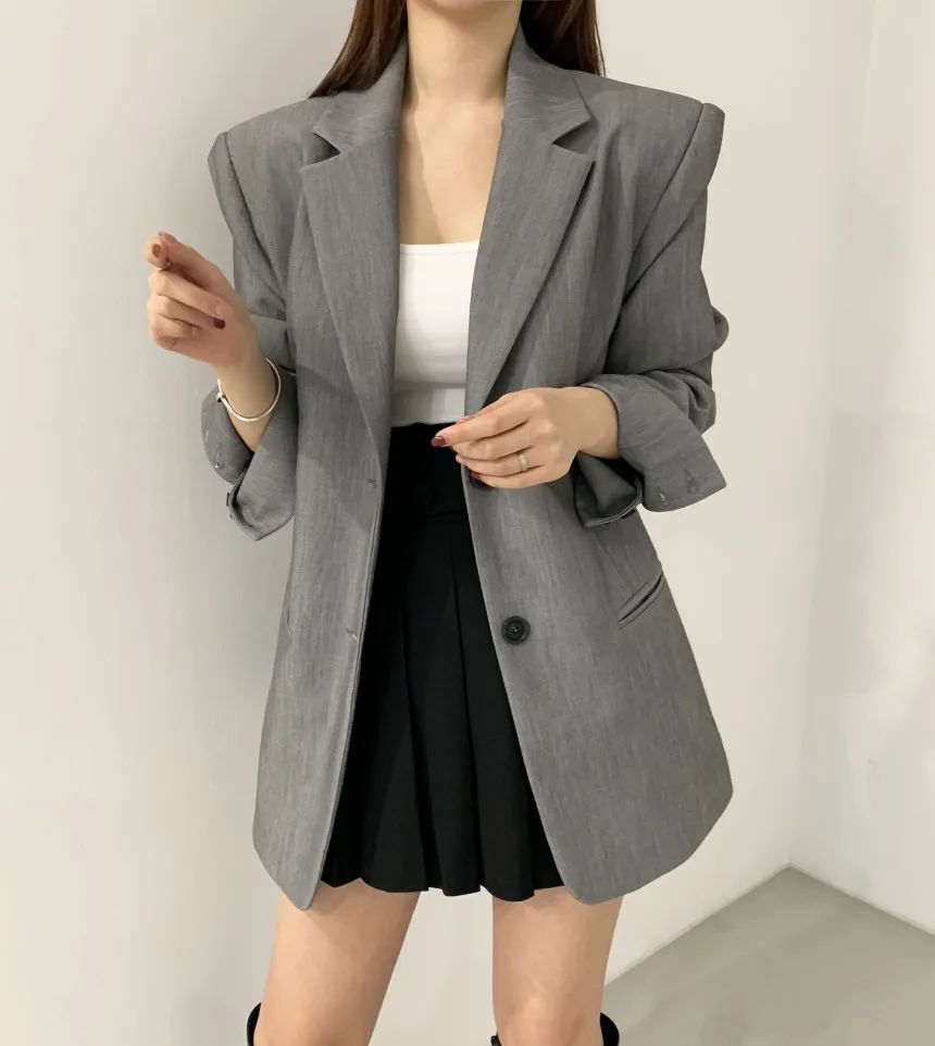 

Autumn Korean Fashion High Street Suit Blazer Women's Single-breasted Suit Collar Loose Long-length Coat Minimalist Office Lady