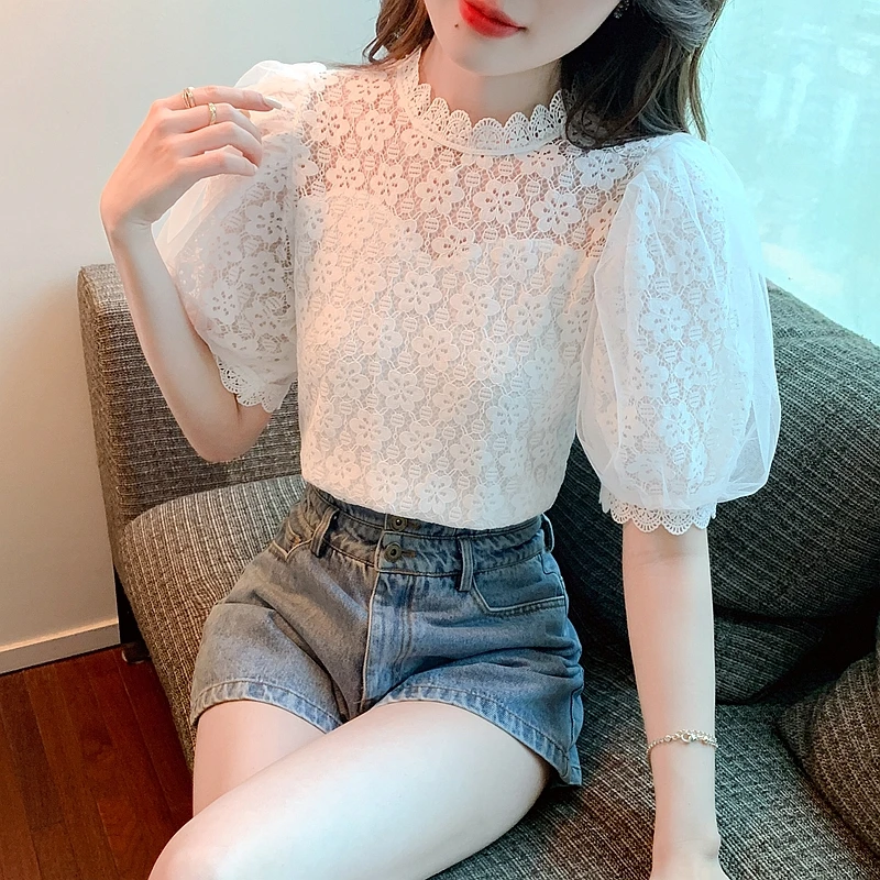 Women Clothing Korean Fashion Sexy Lace Hollow Sweet Chic Elegant Blouse 2024 Summer Female Casual Solid Short Sleeve Slim Tops