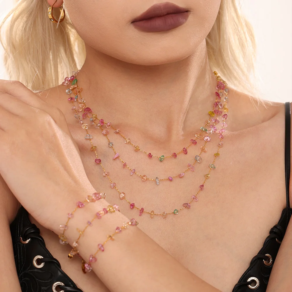 Colorful Pink Necklace Bracelet Women Set Stainless Steel Natural Stones Beaded Pendant Female Necklaces Luxury Jewelry Gift