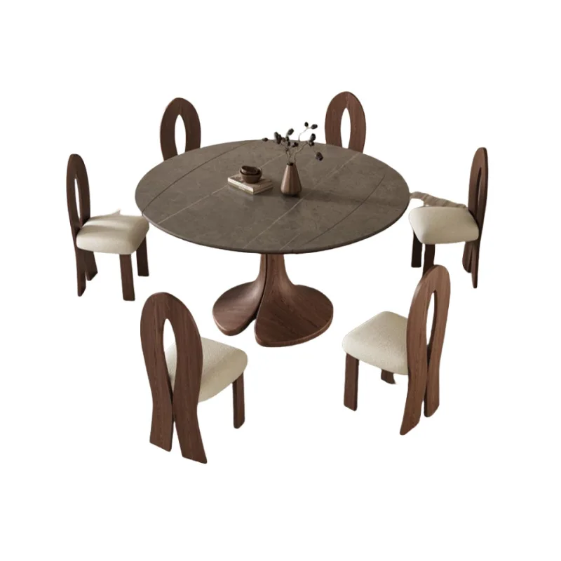 

Retractable rock slab round dining table light luxury simple solid wood foldable rock slab dining table and chairs small