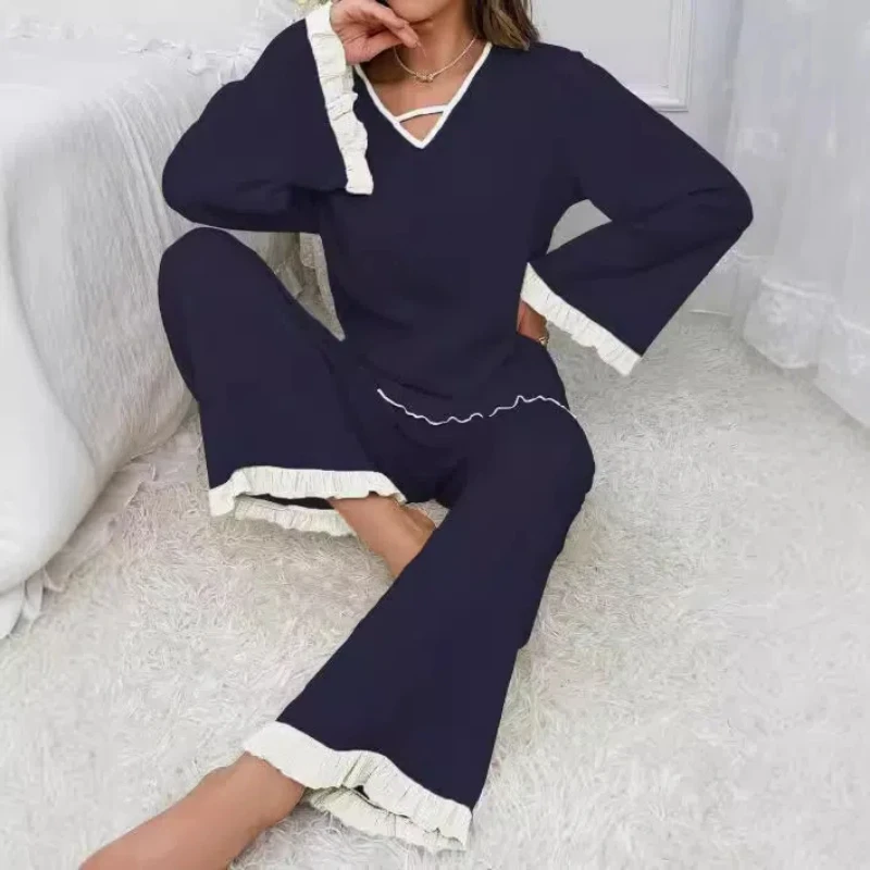 Sleepwear Set for Women 2024 Lace Loungewear 2 Piece Women's Loose Long Sleeved Pullover Pajama Suit Set