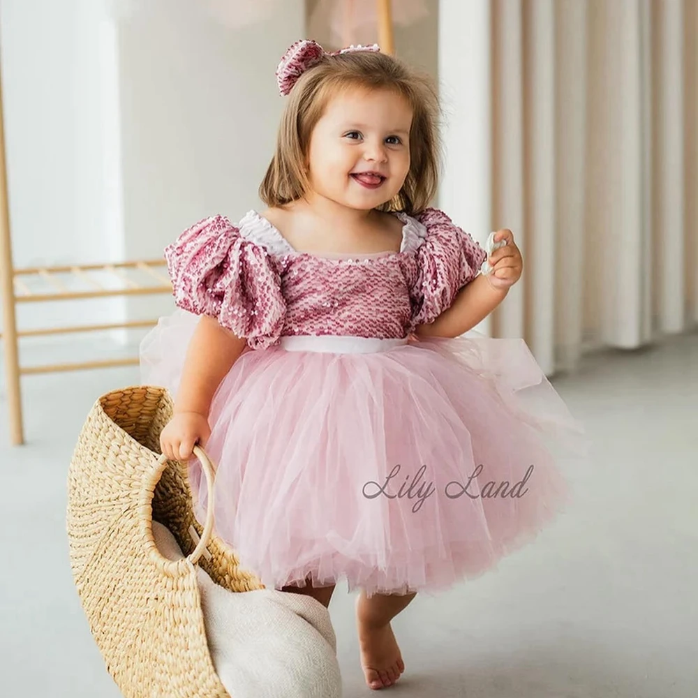 

Lovely Sequins Mesh Flower Girl Dress Glitter Lace Puffy Tulle Wedding Party Gowns Kids Tutu Photo Shoot Dresses For Brithday