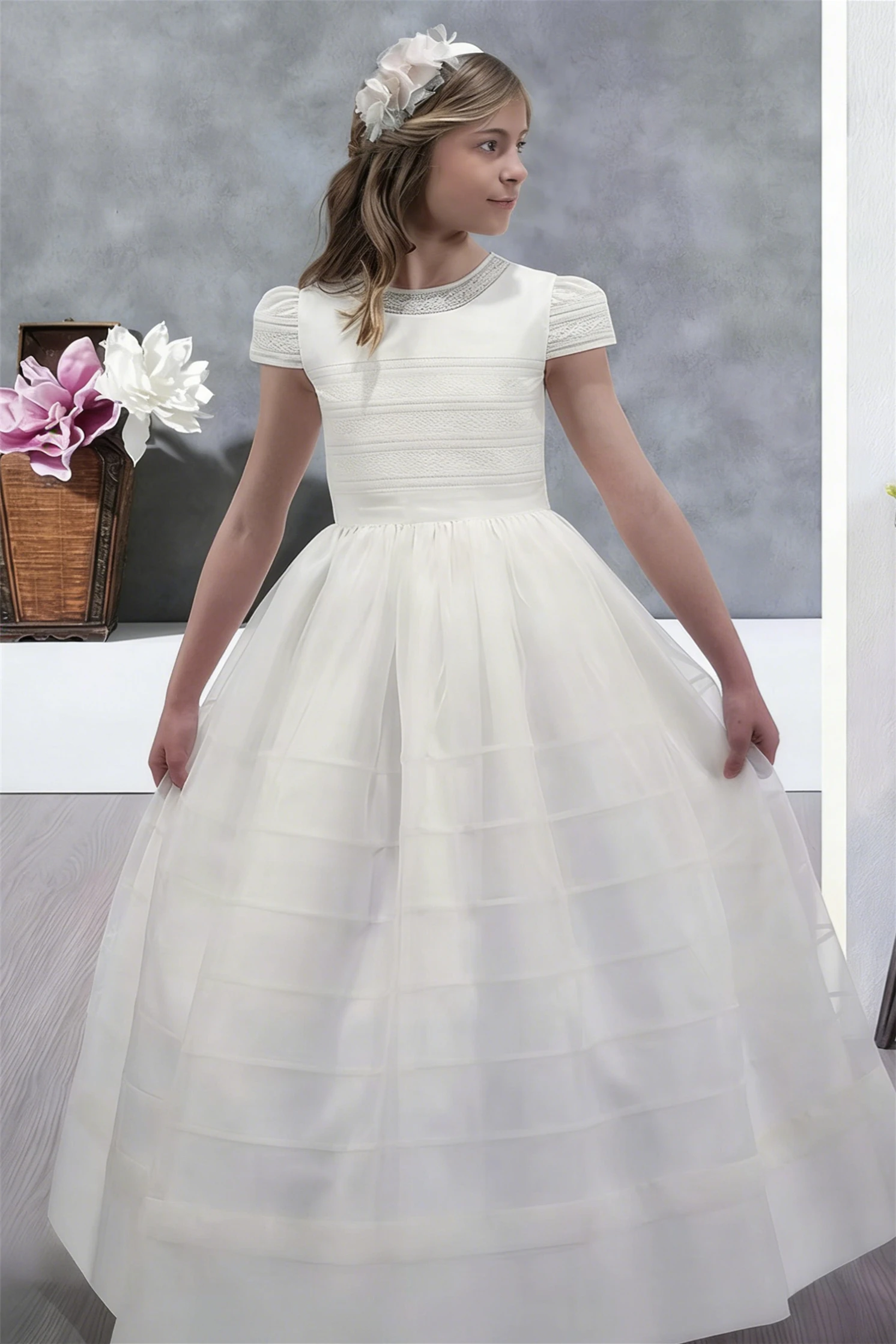 Customized Flower Girl Dress For Wedding Lace Short Sleeve High Waist Floor Length Elegant Kids Birthday First Communion Gown
