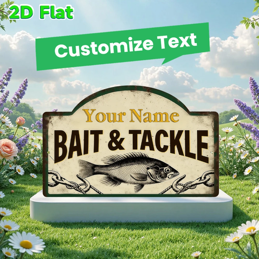 Custom Name Vintage Bait & Tackle Metal Sign, Arched Retro Wall Plaque, Personalized Fishing Wall Art for Cabin Garage Home Deco