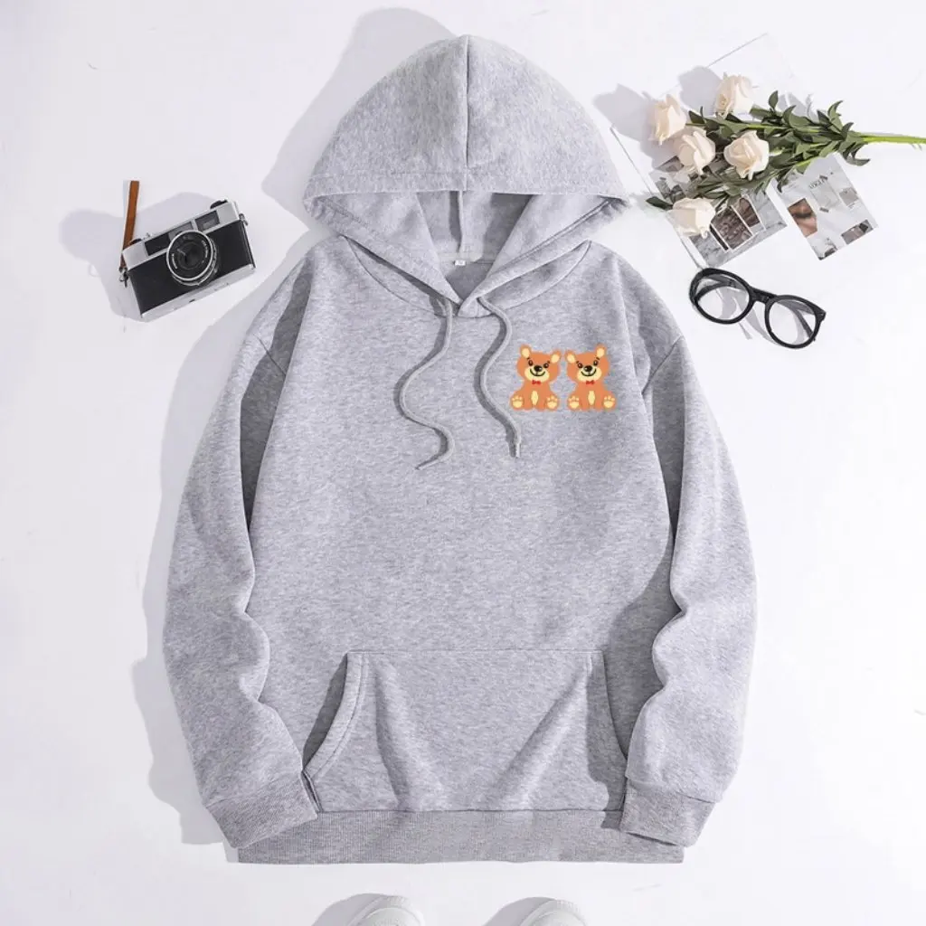 Moletom com capuz forrado de lã feminino outono inverno moda impressão design de dois cães gola de saco traseiro estilo europeu americano topo