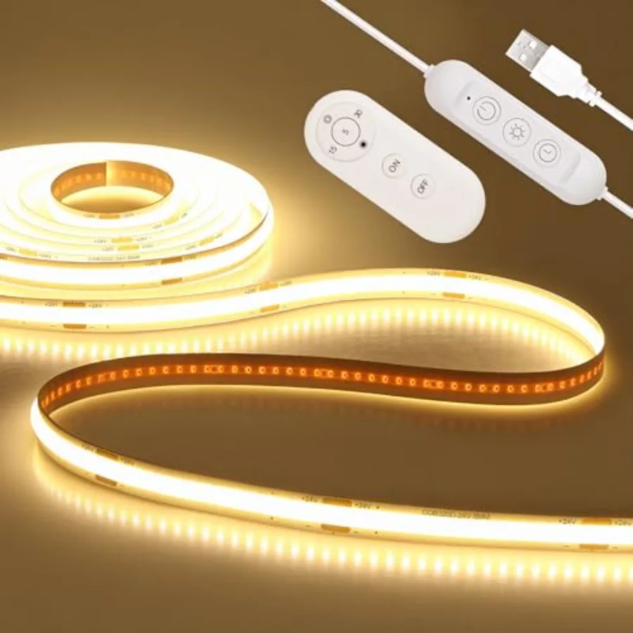 USB LED Light Strip 5V 6.56FT COB LED Strip Lights with Remote Lights Dotless Super Bright Dimmable Flexible for TV Backlight B