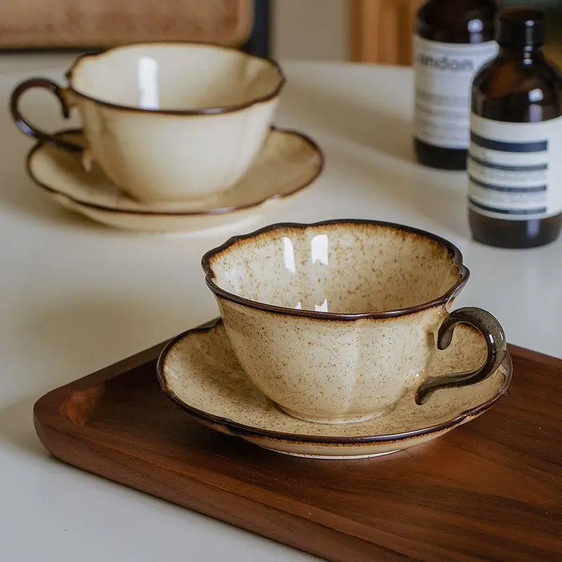 

HYS retro kiln change underglaze color ceramic coffee cup saucer latte flower cup afternoon tea cup saucer medium ancient