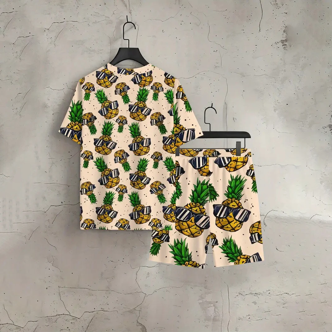 

Summer Men's Tee Sets Pineapple Print Casual Short Sleeve Pullover T-shirts Pants Set Outdoor Fashion Male Oversized Clothing