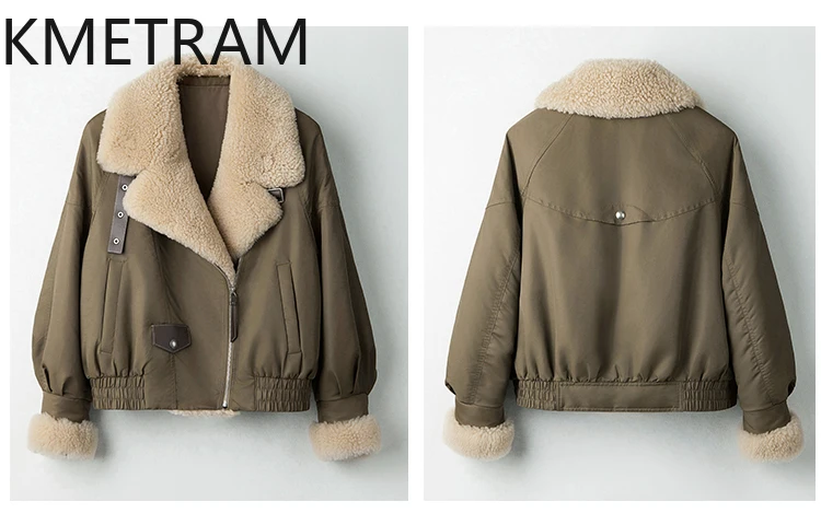 KMETRAM Piumino di pelliccia d'oca bianca Donna Colletto di lana Cappotti invernali Abbigliamento donna Piumini corti verde militare 2025 шуба