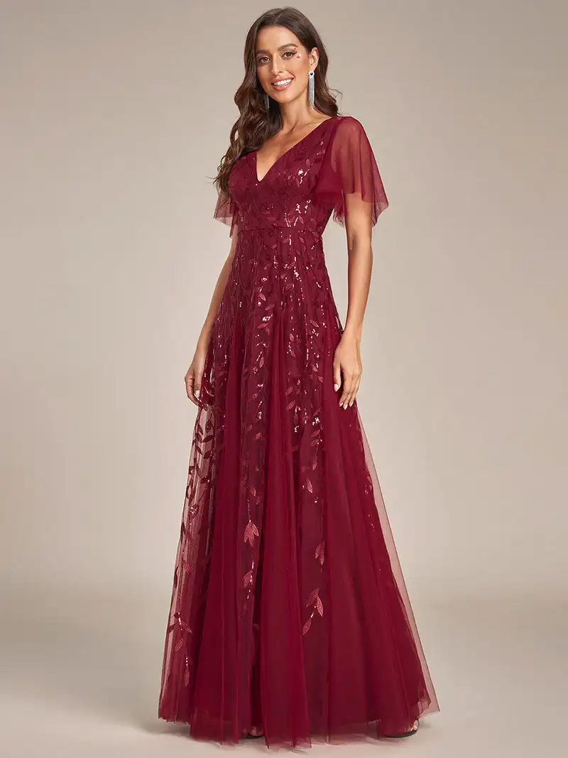 Elegant Evening Dress Romantic Shimmery Deep V-Neck Ruffle Sleeves Ever Pretty of 2024 Burgundy Gauze Sequin Maxi Long Gowns