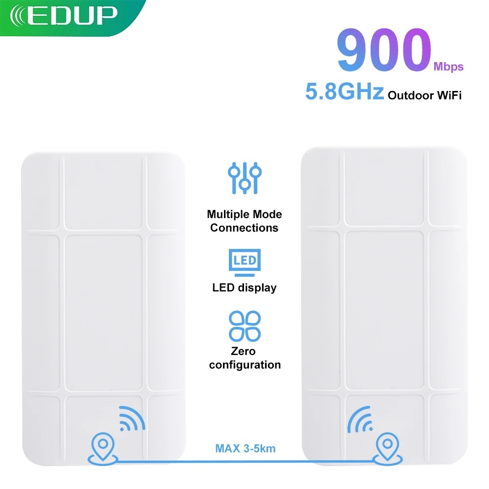 EDUP 5.8GHz Router Bridge 900Mbps Wireless Access Point Long Range 3-5KM LED Display No Setting Network Bridge POE Power Supply