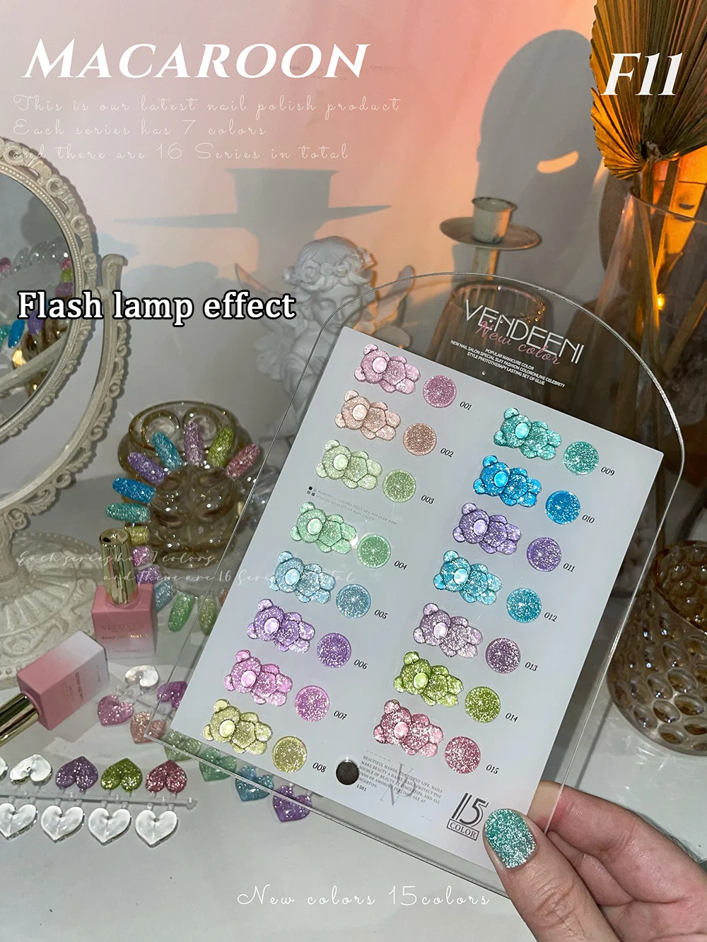 Vendeeni 15 Farben/Set Glitzer-Broken-Diamond-Gel-Nagellack Semi-Permanent Macaron Flash UV Soak-Off Gel-Lack mit Display – Detail 4