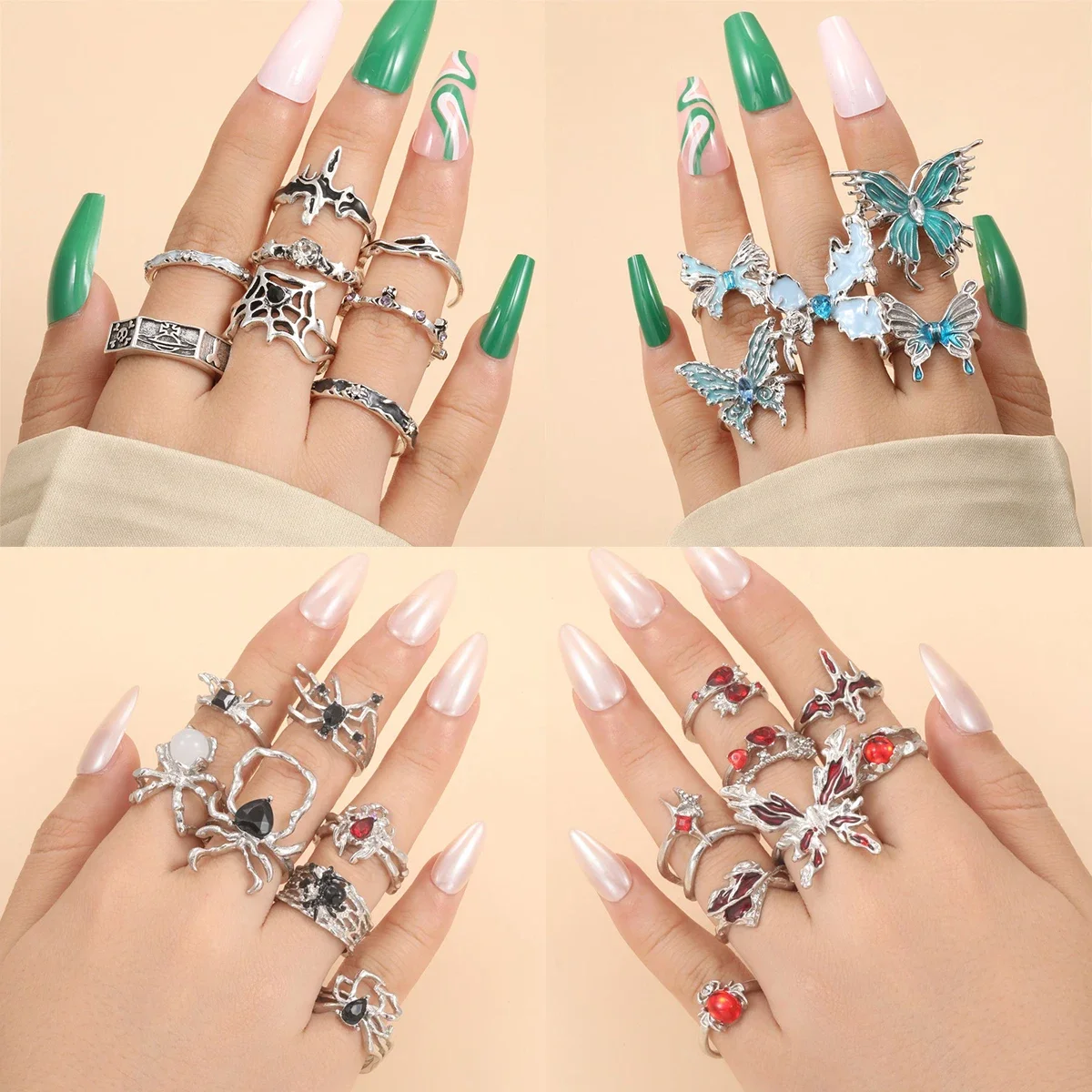LATS 8pcs Irregular Red Crystal Heart Aesthetic Rings for Women Y2K Gothic Butterfly Spider Ring Creative Jewelry Accessories