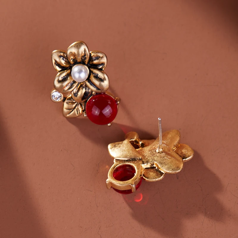 LEWIS SEGAL Medieval Style Vintage Golden Flower Red Glaze Beads Stud Earrings for Women 18K Gold Retro Fine Jewelry