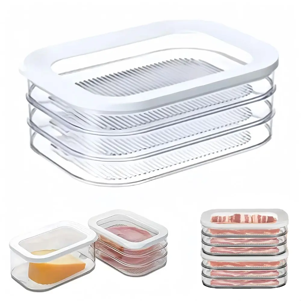 Contenedor de almacenamiento de tocino apilable, contenedor transparente sellado para jamón y queso con tapa, caja de almacenamiento para refrigerador de alimentos de tres capas