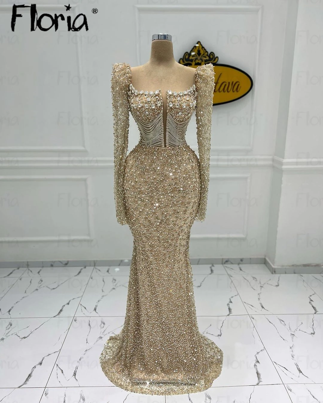 Arabic Mermaid Champagne Evening Dress For Wedding 2024 Luxury Beaded Formal Prom Party Gowns Bride Crystals Robe Soirée Female