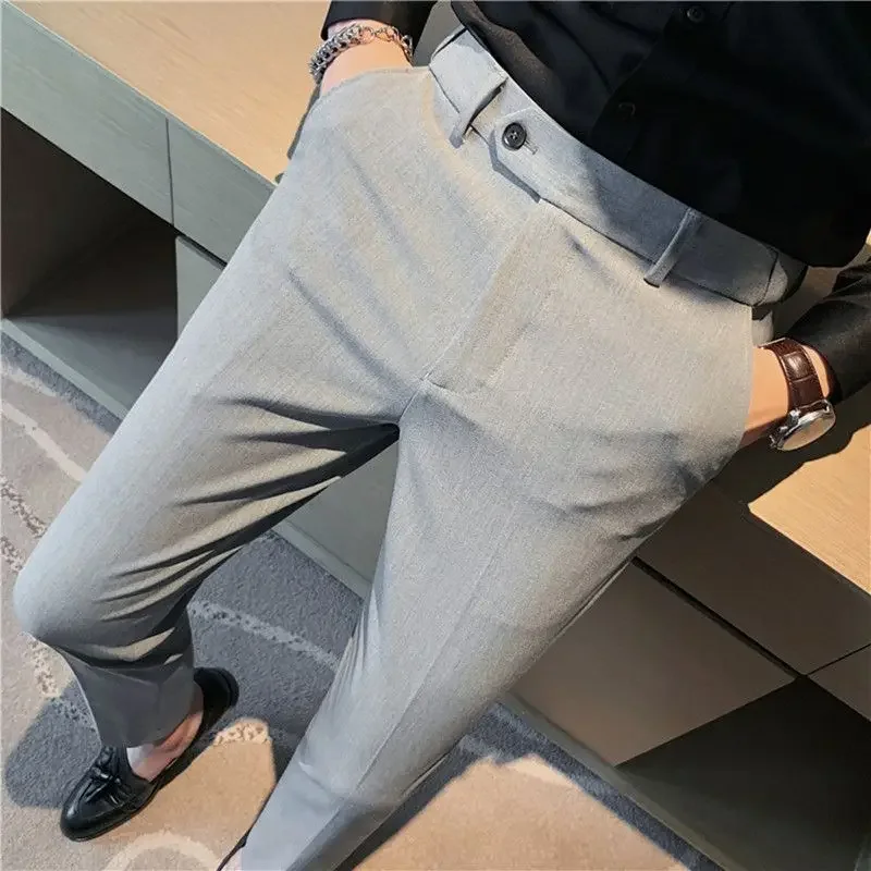 Trousers for Men Elastic Work Man Suits Pants Slim Fit Stretch 9 Cropped Tressed Straight Office Fashion Korean Style Clothes Up