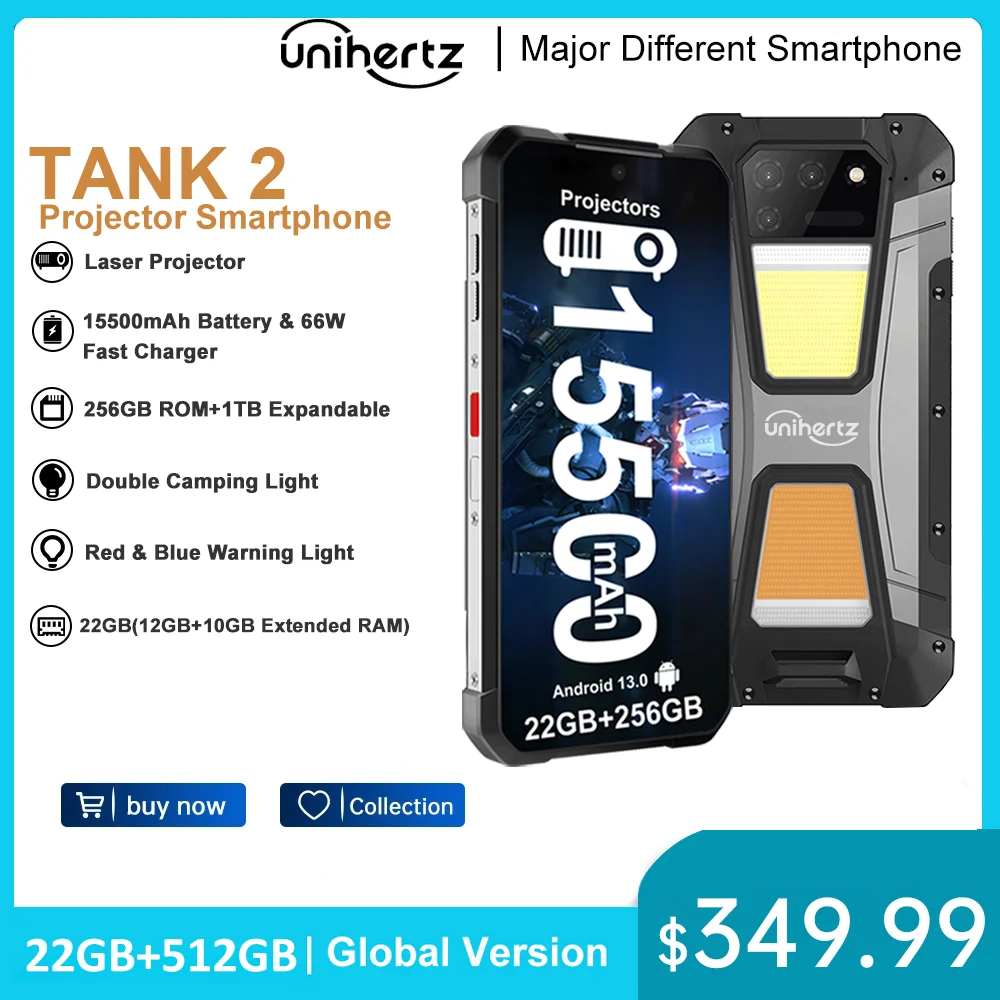 Unihertz 8849 tank 2 waterproof projector smartphone up to 256/512GB Rugged Cellphone 64MP Super night vision 15500mAh phone