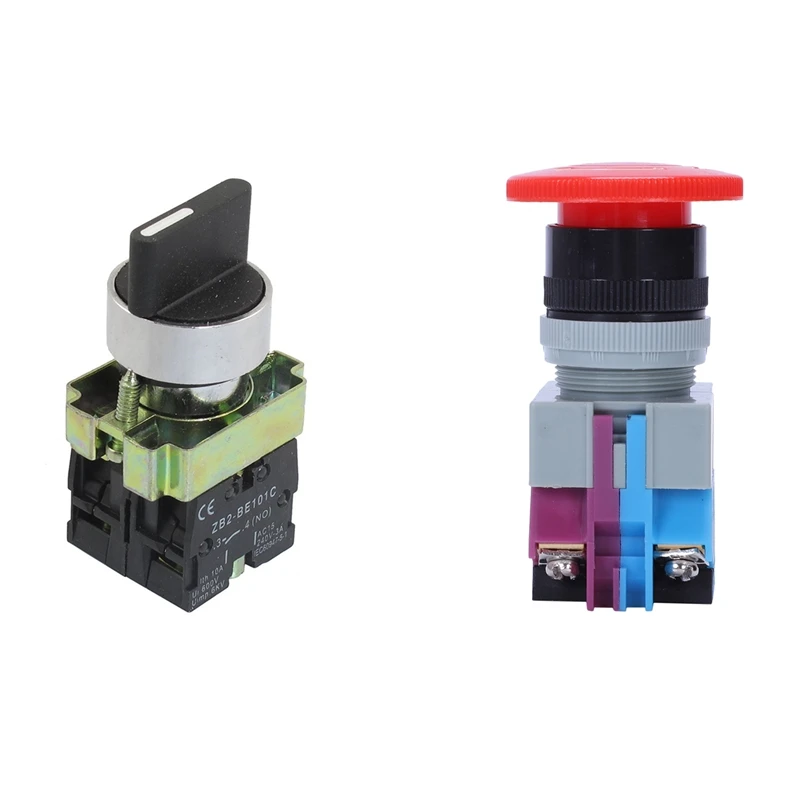 AC 600V 10A Red Mushroom Emergency Stop Push Button Switch 22Mm NO NC & 22Mm Latching 2 NO 3-Position Rotary Select Switch Black